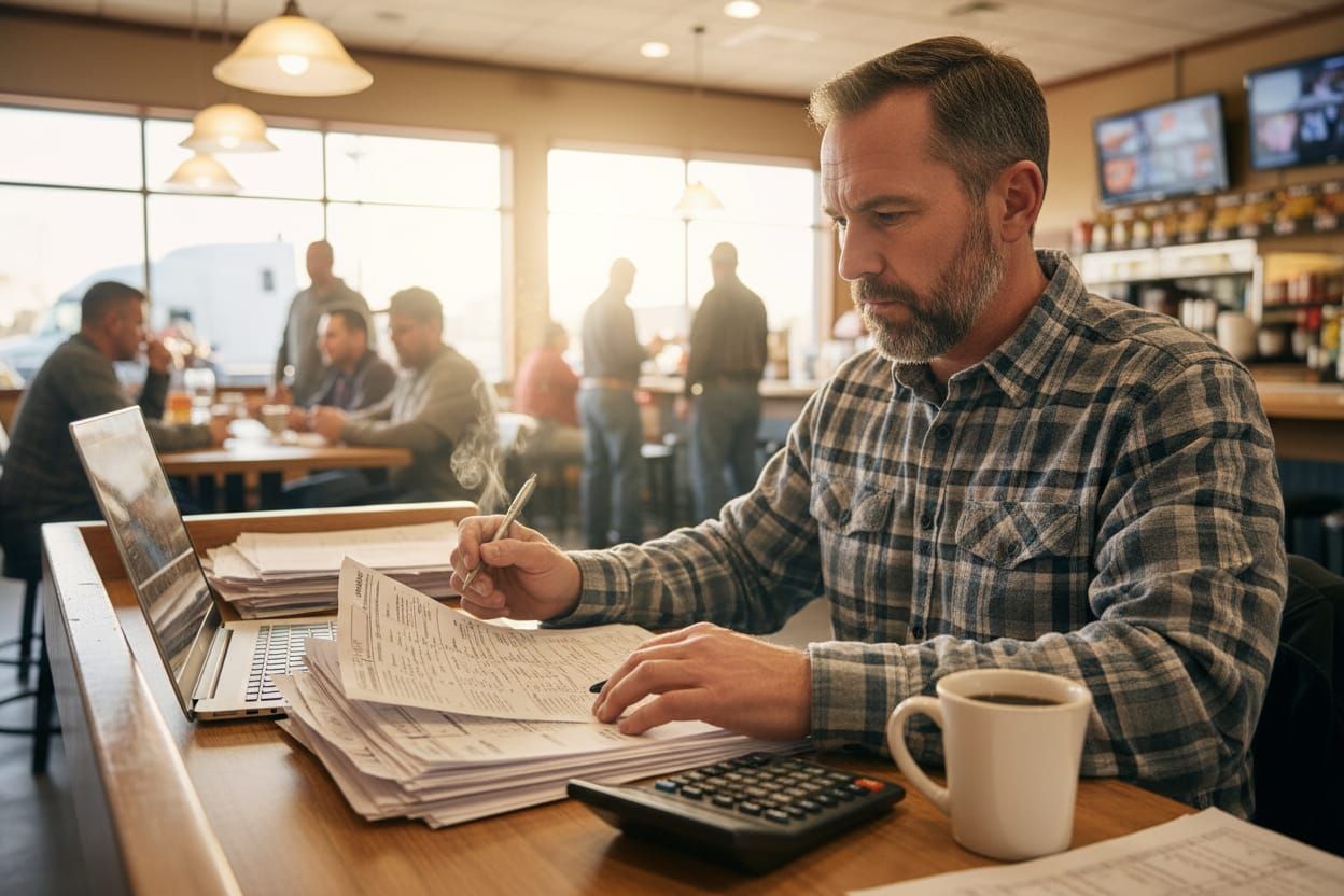 Driver reviewing operating costs at truck stop