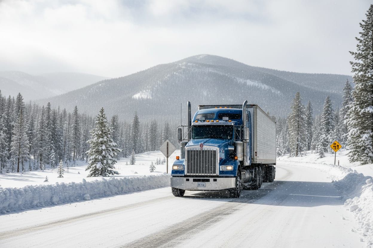 Semi truck driving through winter snow conditions