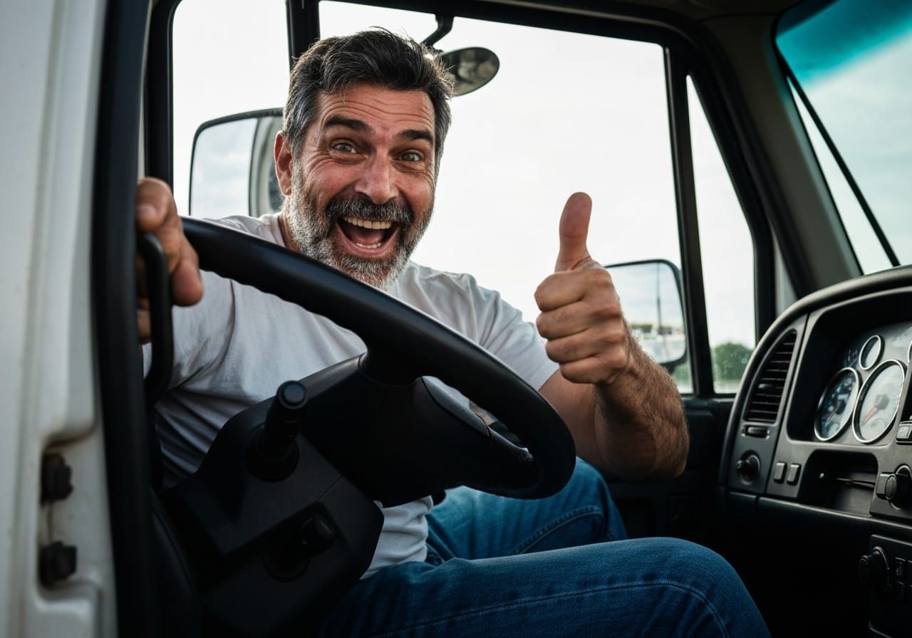 Driver celebrating first load with thumbs up