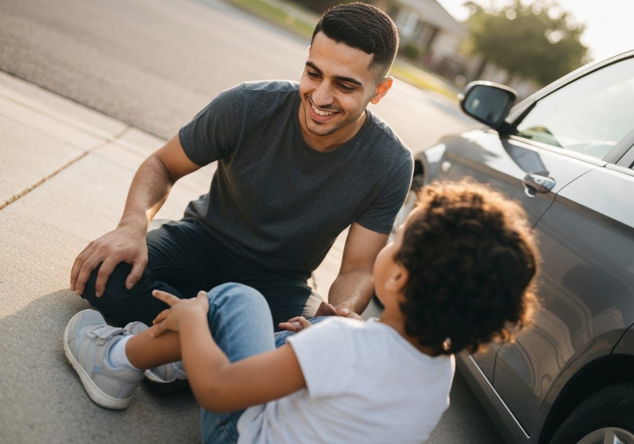 Dad and kid at the truck, family moment