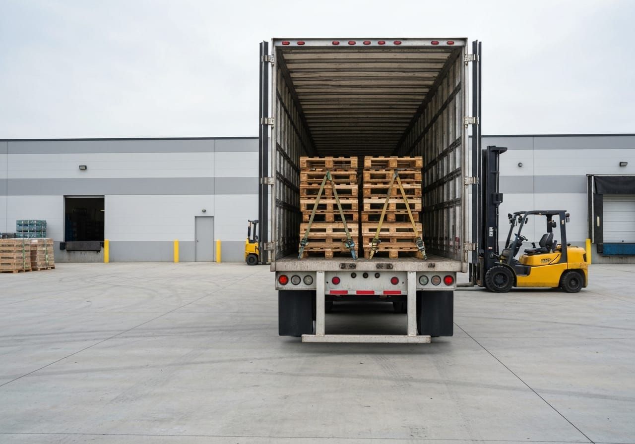 Open trailer at loading dock with pallets