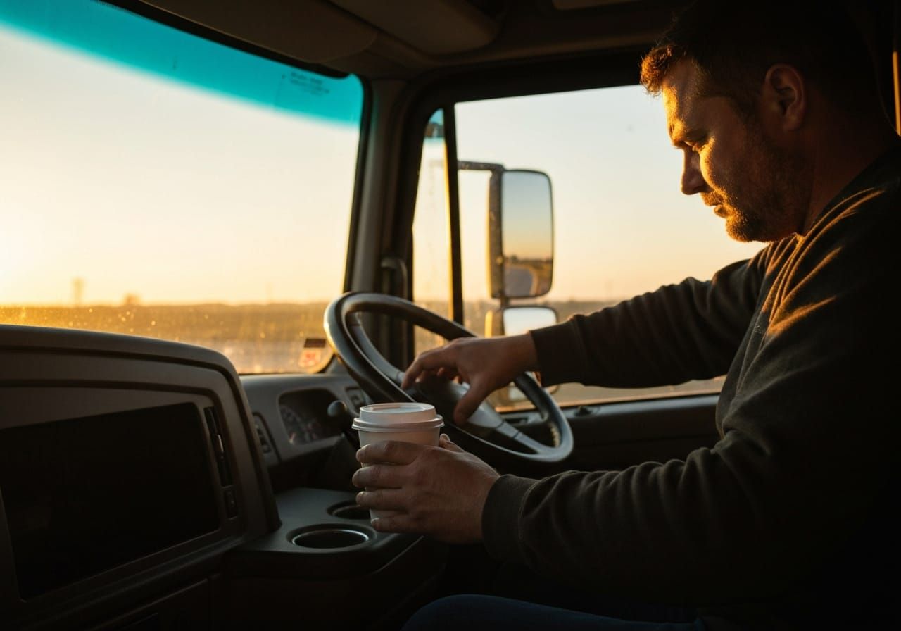 Trucker enjoying morning coffee before hitting the road