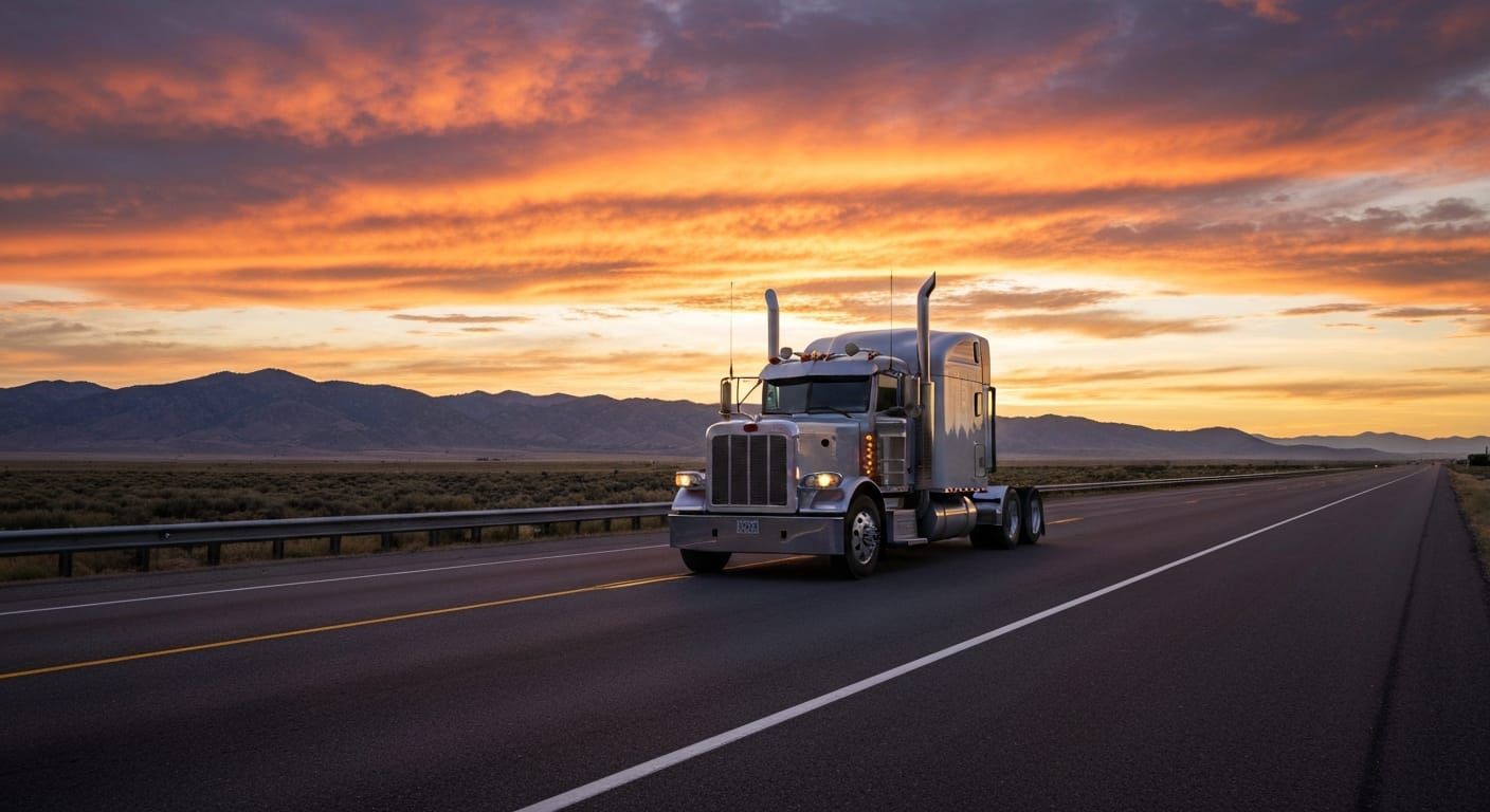 Semi truck on open highway at golden hour with Idaho mountains in background