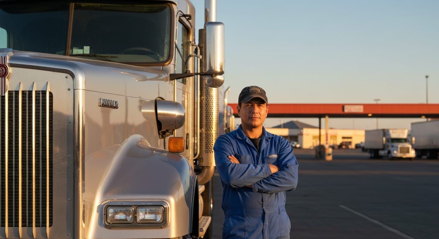 Owner-operator standing proudly next to truck